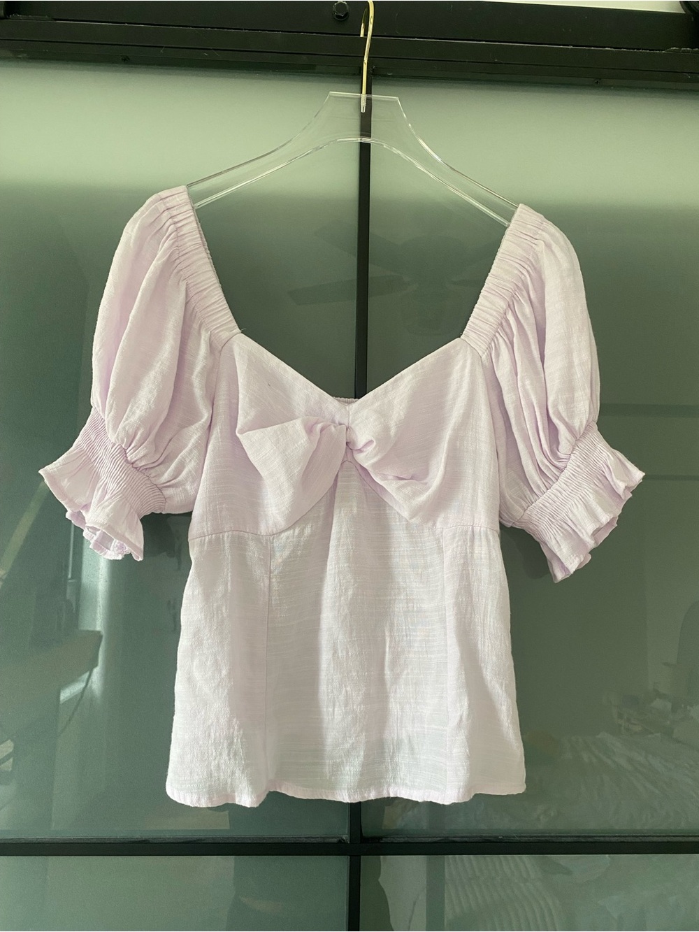 Nine West lilac Purple twist front Puff Sleeve Smocked Ruffle Blouse S